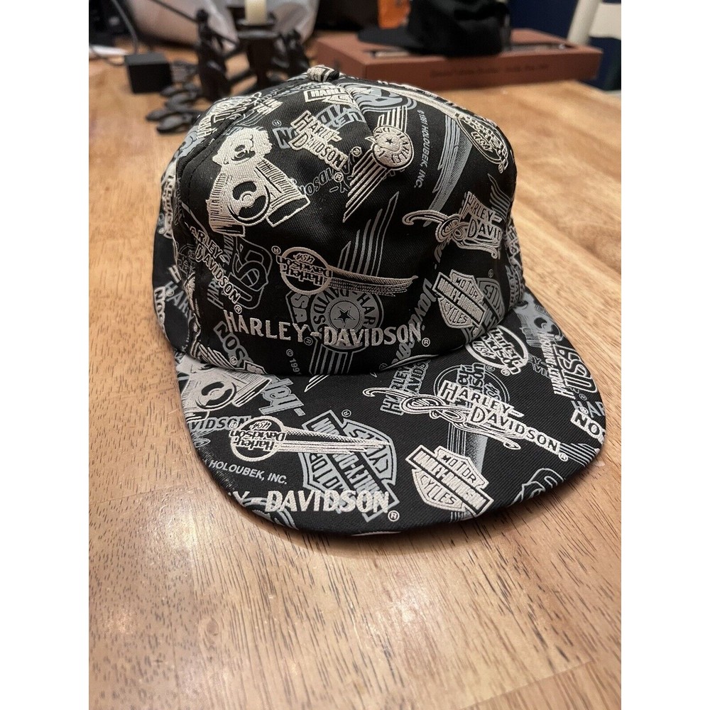 Vintage Harley Davidson Strapback Hat Cap Holoubek 1991 Rare All Over Print